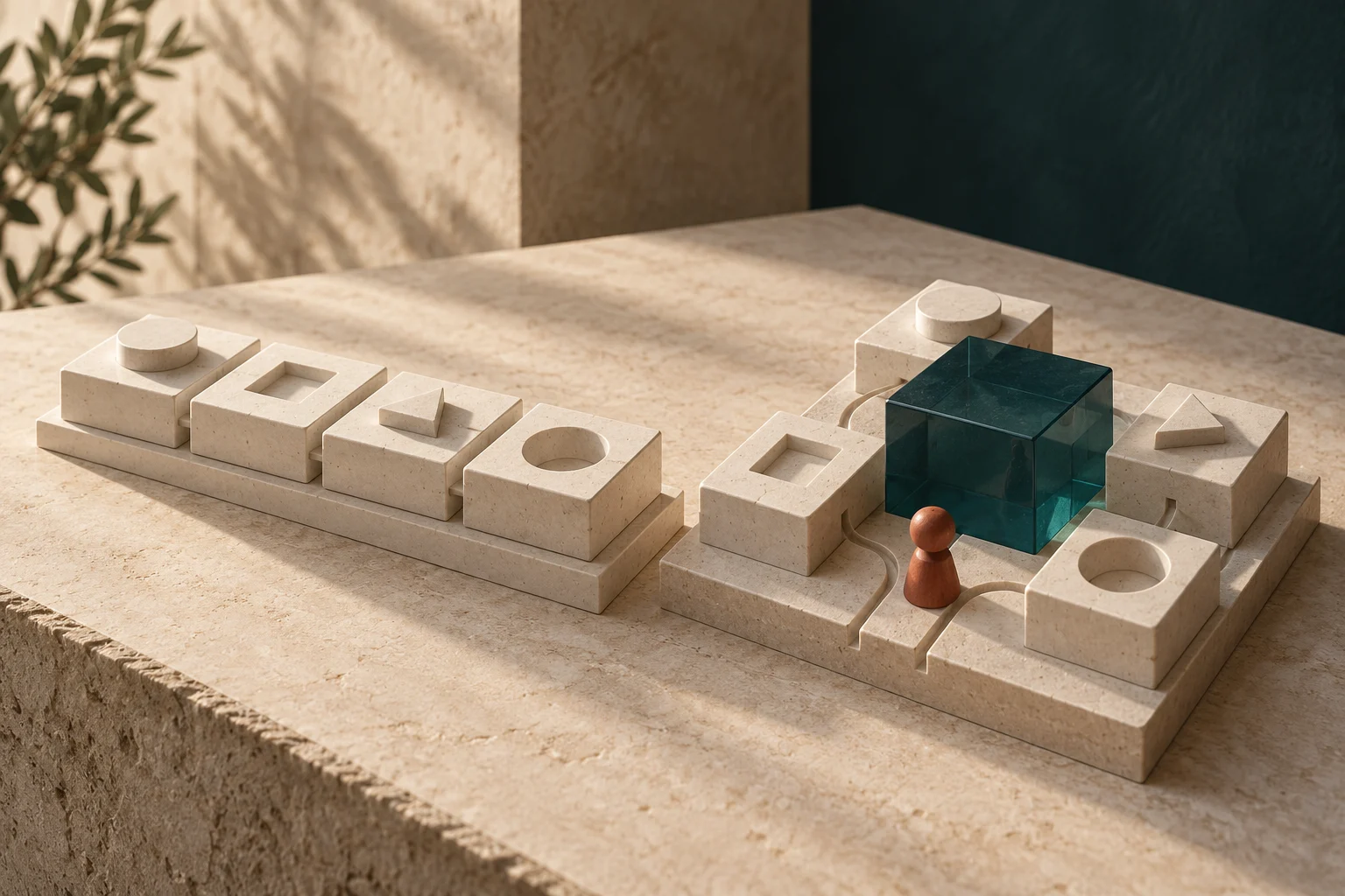 Conceptual illustration of work modules rearranged around an AI tool while retaining a human decision point