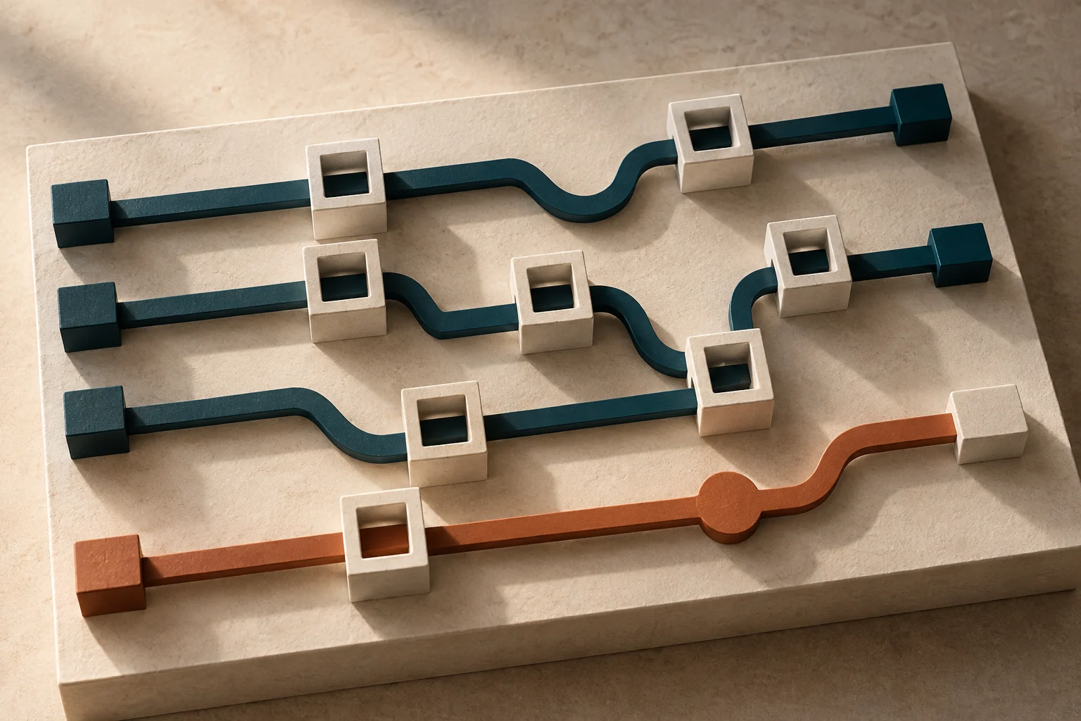 Conceptual illustration comparing work routes through multiple decision gates with a clear decision path