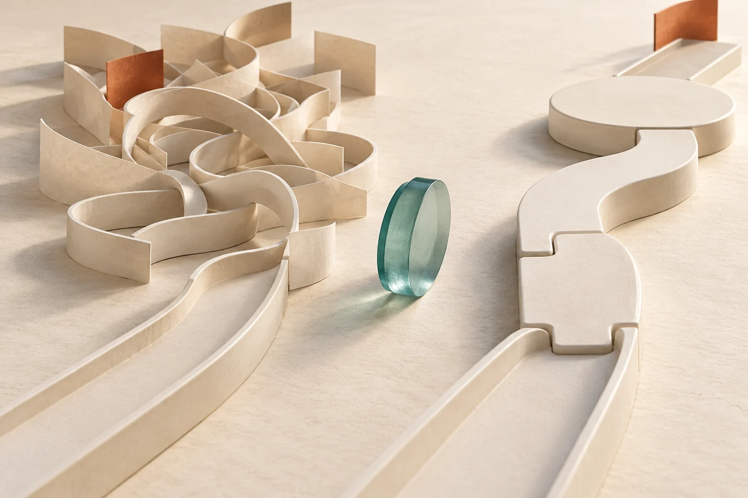 Conceptual illustration comparing an unclear workflow with a deliberately connected working system